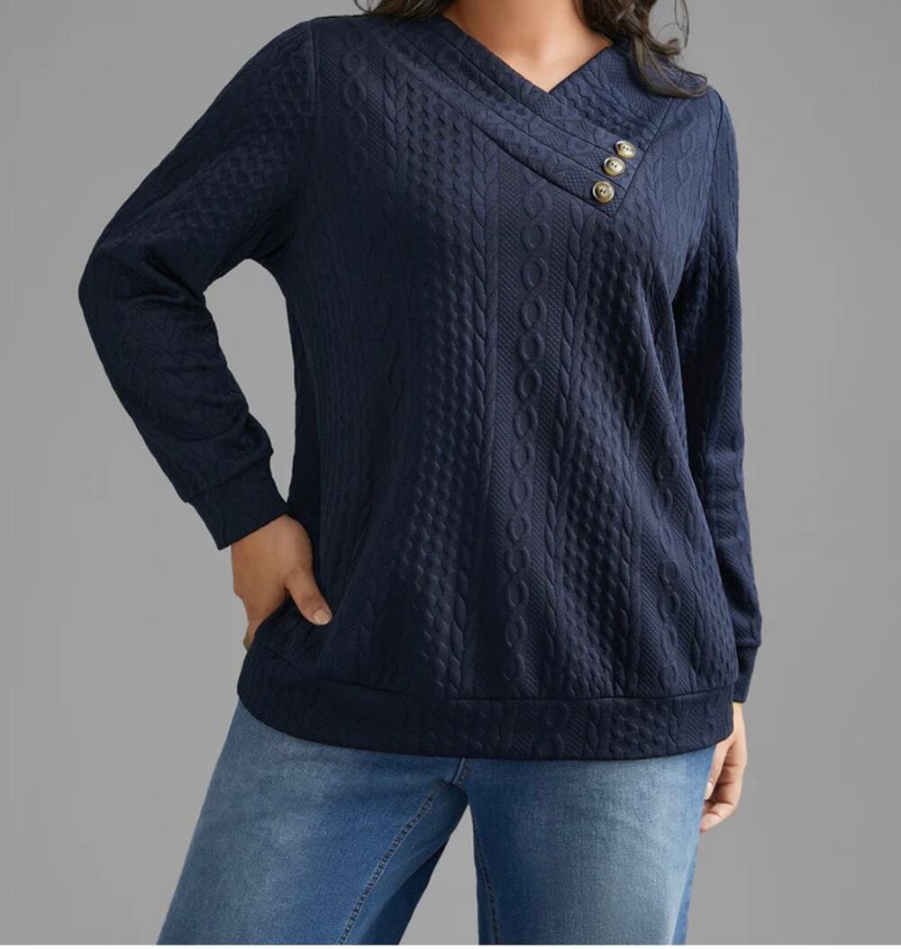 Bloomchic Overlap Textured Button Detail Sweatshirt Navy Blue Size 26 Casual